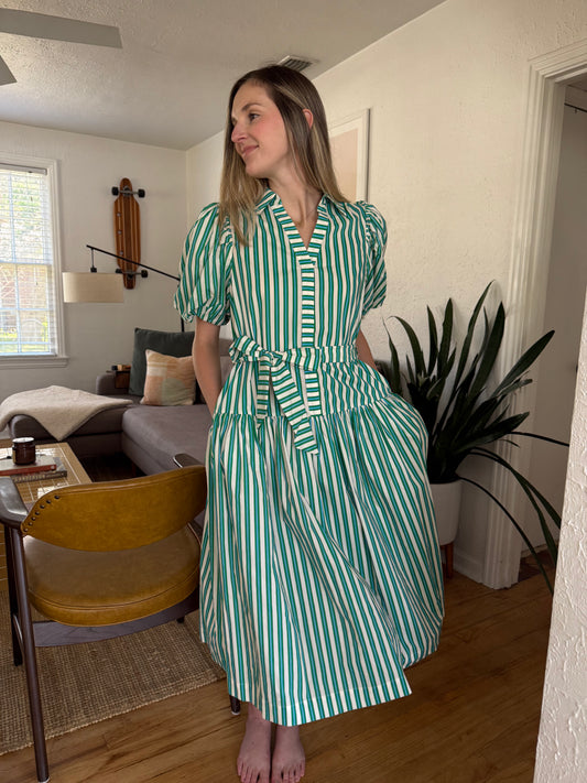 PINCH Zelda Green and Blue Stripe Belted Midi Dress