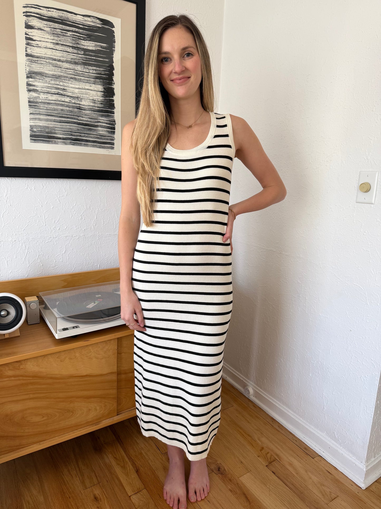 FRNCH Nacera Cream Knit Striped Tank Midi Dress