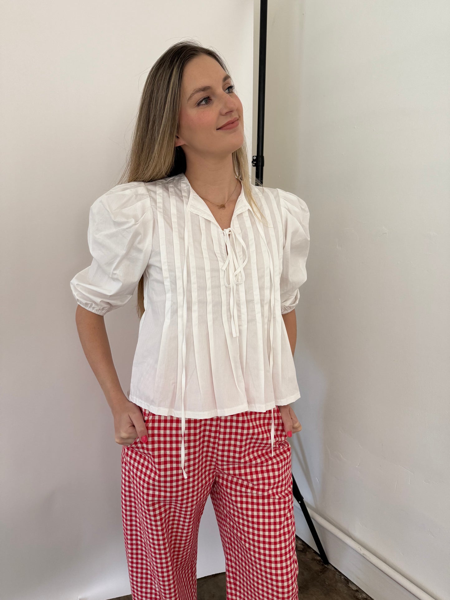PINCH Aubrey Pleated Puff Sleeve Front Tie Top (White)