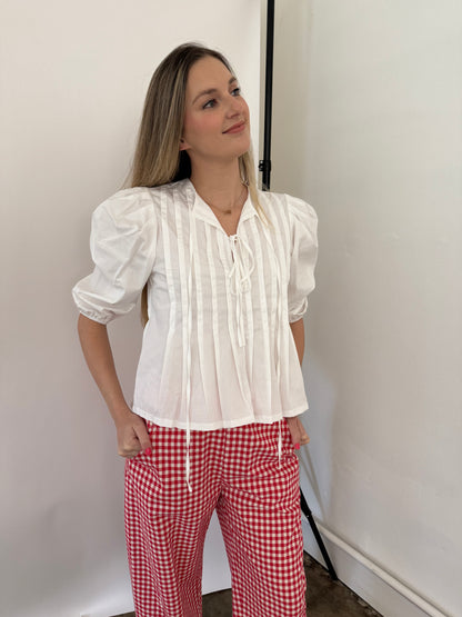 PINCH Aubrey Pleated Puff Sleeve Front Tie Top (White)