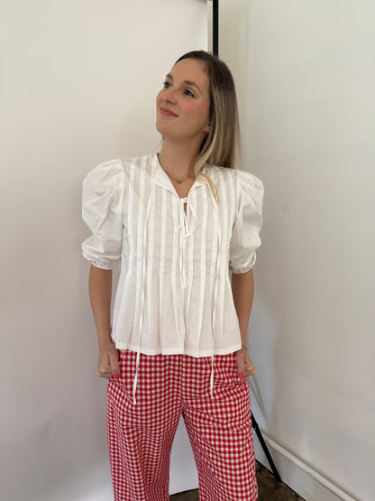 PINCH Aubrey Pleated Puff Sleeve Front Tie Top (White)