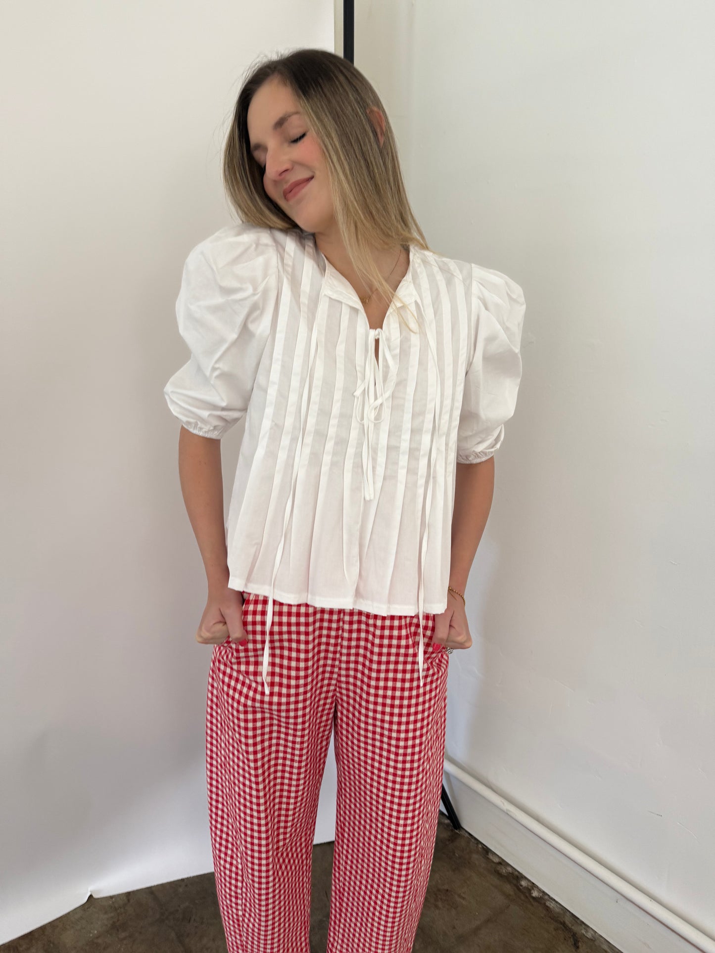 PINCH Aubrey Pleated Puff Sleeve Front Tie Top (White)