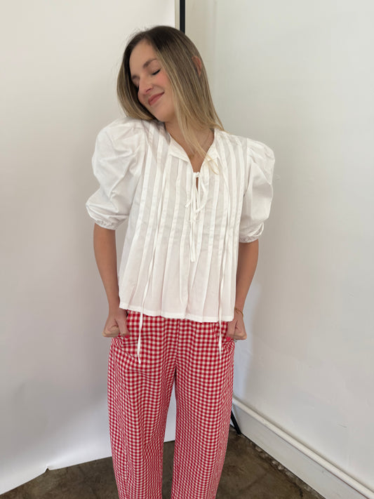 PINCH Aubrey Pleated Puff Sleeve Front Tie Top (White)