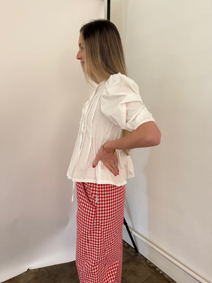 PINCH Aubrey Pleated Puff Sleeve Front Tie Top (White)