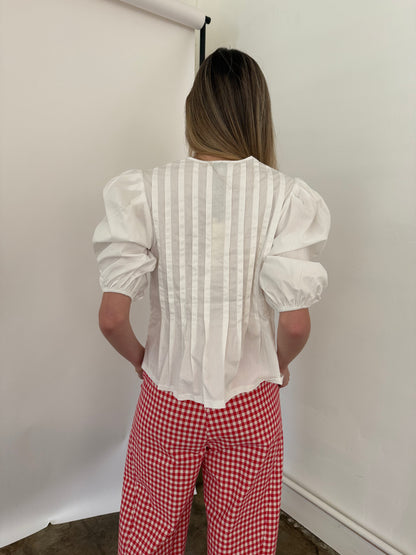 PINCH Aubrey Pleated Puff Sleeve Front Tie Top (White)