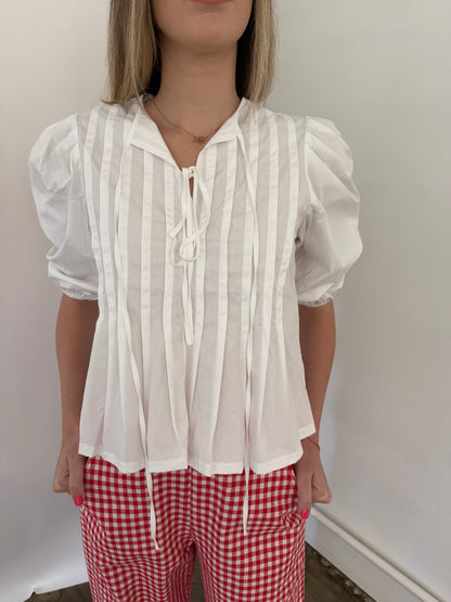 PINCH Aubrey Pleated Puff Sleeve Front Tie Top (White)