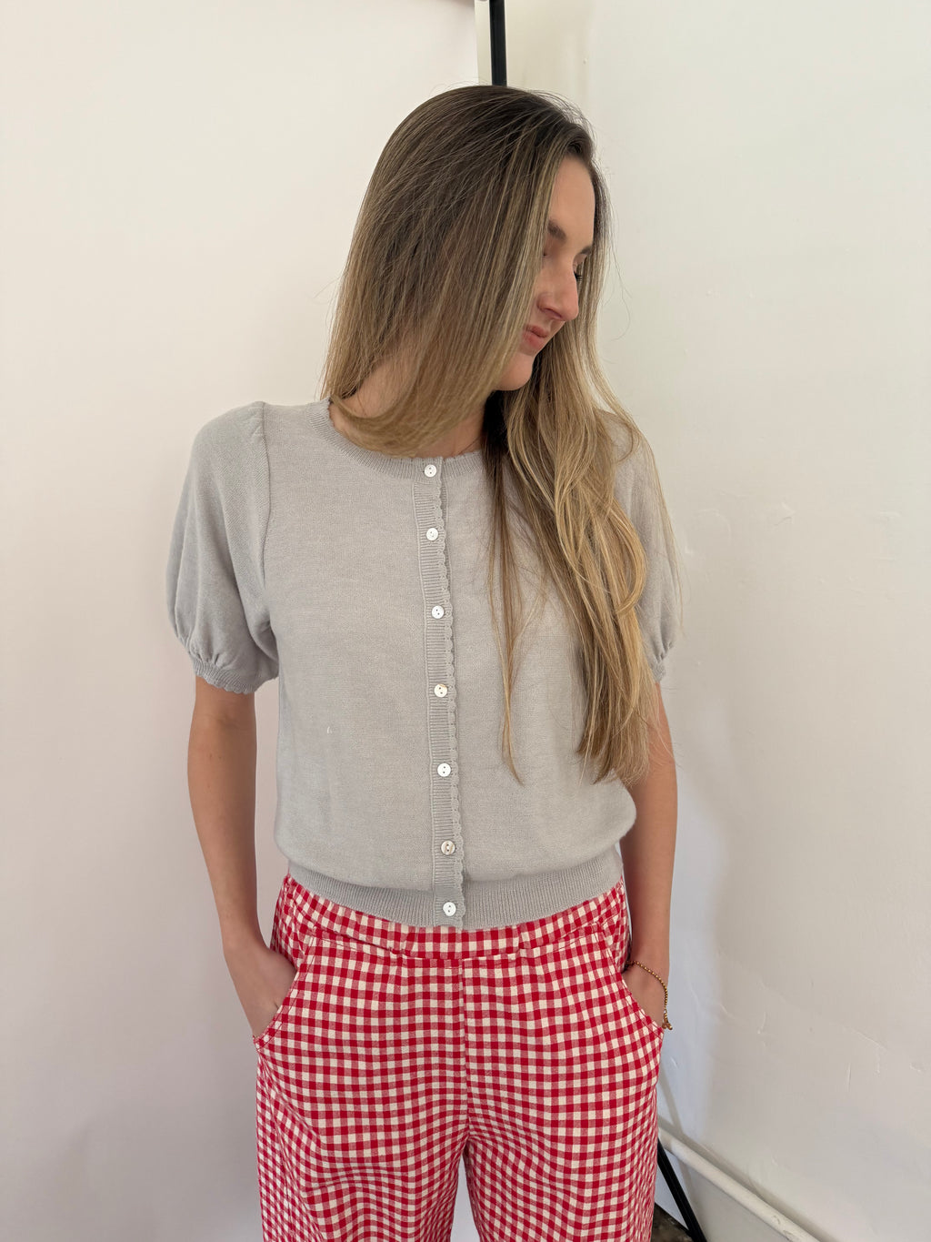 Things Between Anna Scallop Trim Knit Buttoned Top (Grey)