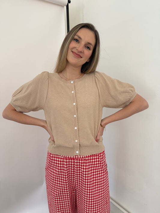 Things Between Anna Scallop Trim Knit Buttoned Top (Beige)