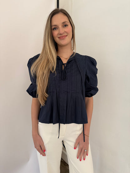 PINCH Aubrey Pleated Puff Sleeve Front Tie Top (Navy)