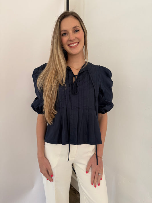 PINCH Aubrey Pleated Puff Sleeve Front Tie Top (Navy)