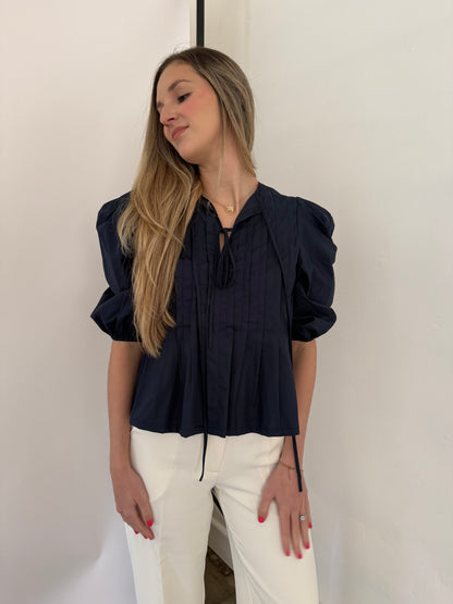 PINCH Aubrey Pleated Puff Sleeve Front Tie Top (Navy)