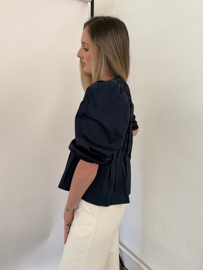 PINCH Aubrey Pleated Puff Sleeve Front Tie Top (Navy)