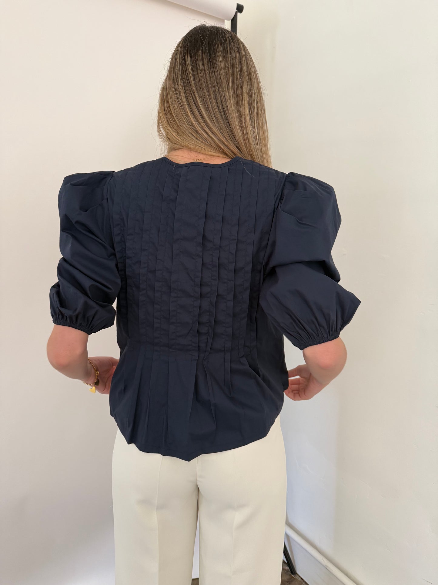 PINCH Aubrey Pleated Puff Sleeve Front Tie Top (Navy)