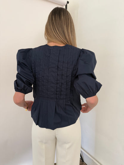PINCH Aubrey Pleated Puff Sleeve Front Tie Top (Navy)