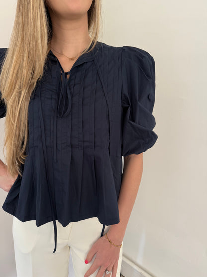 PINCH Aubrey Pleated Puff Sleeve Front Tie Top (Navy)