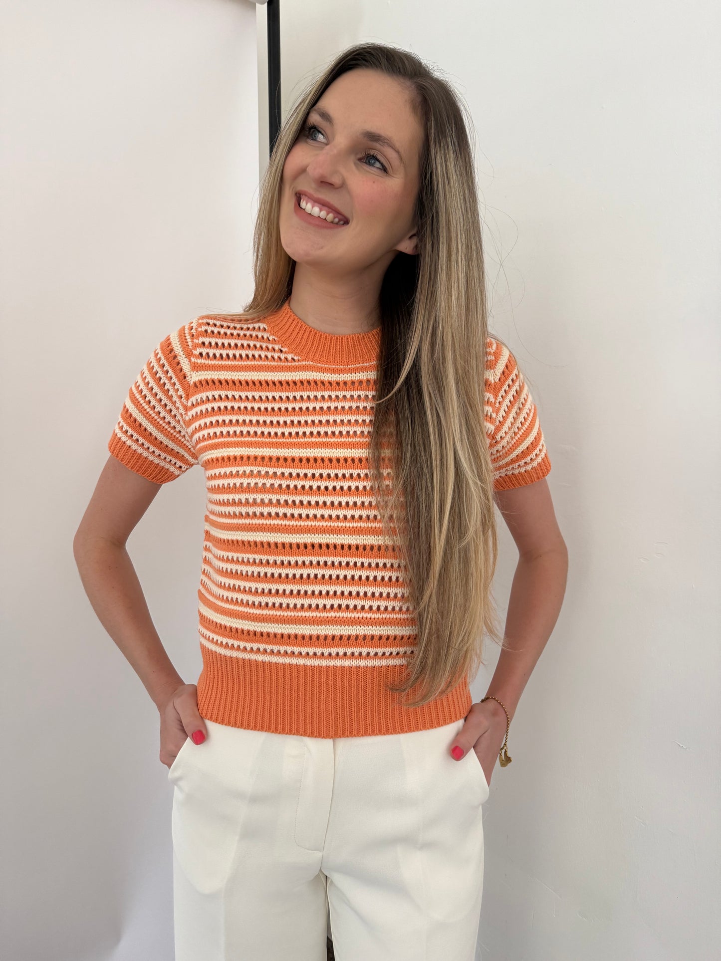 PINCH Ariana Eyelet Stripe Short Sleeve Sweater (Orange)