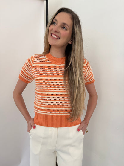 PINCH Ariana Eyelet Stripe Short Sleeve Sweater (Orange)