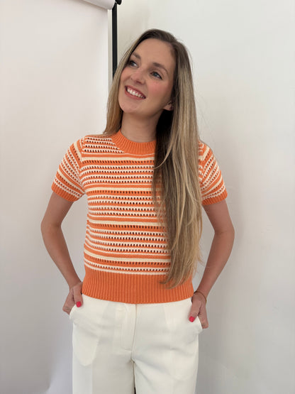 PINCH Ariana Eyelet Stripe Short Sleeve Sweater (Orange)