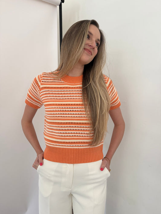 PINCH Ariana Eyelet Stripe Short Sleeve Sweater (Orange)
