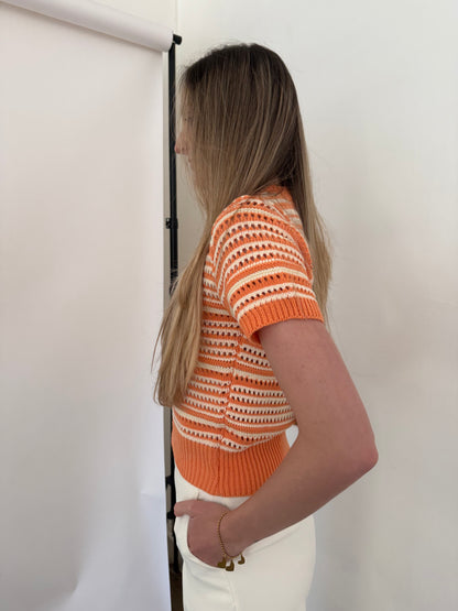 PINCH Ariana Eyelet Stripe Short Sleeve Sweater (Orange)