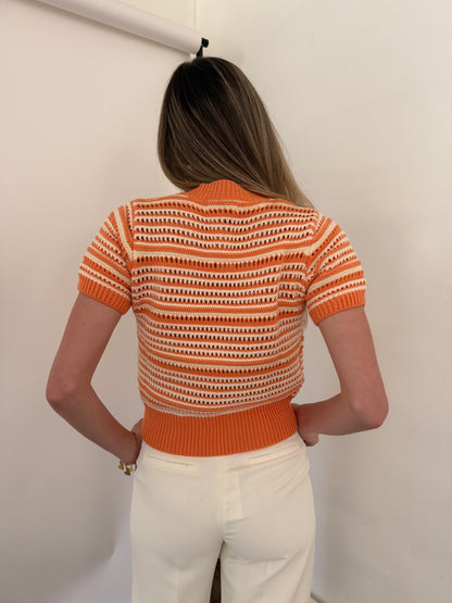 PINCH Ariana Eyelet Stripe Short Sleeve Sweater (Orange)
