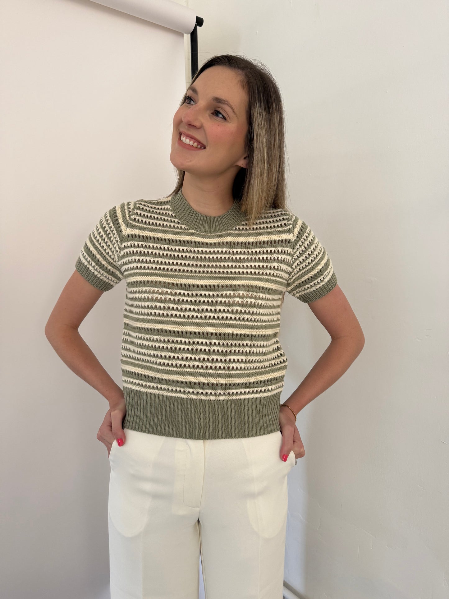 PINCH Ariana Eyelet Stripe Short Sleeve Sweater (Olive)