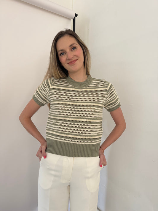 PINCH Ariana Eyelet Stripe Short Sleeve Sweater (Olive)