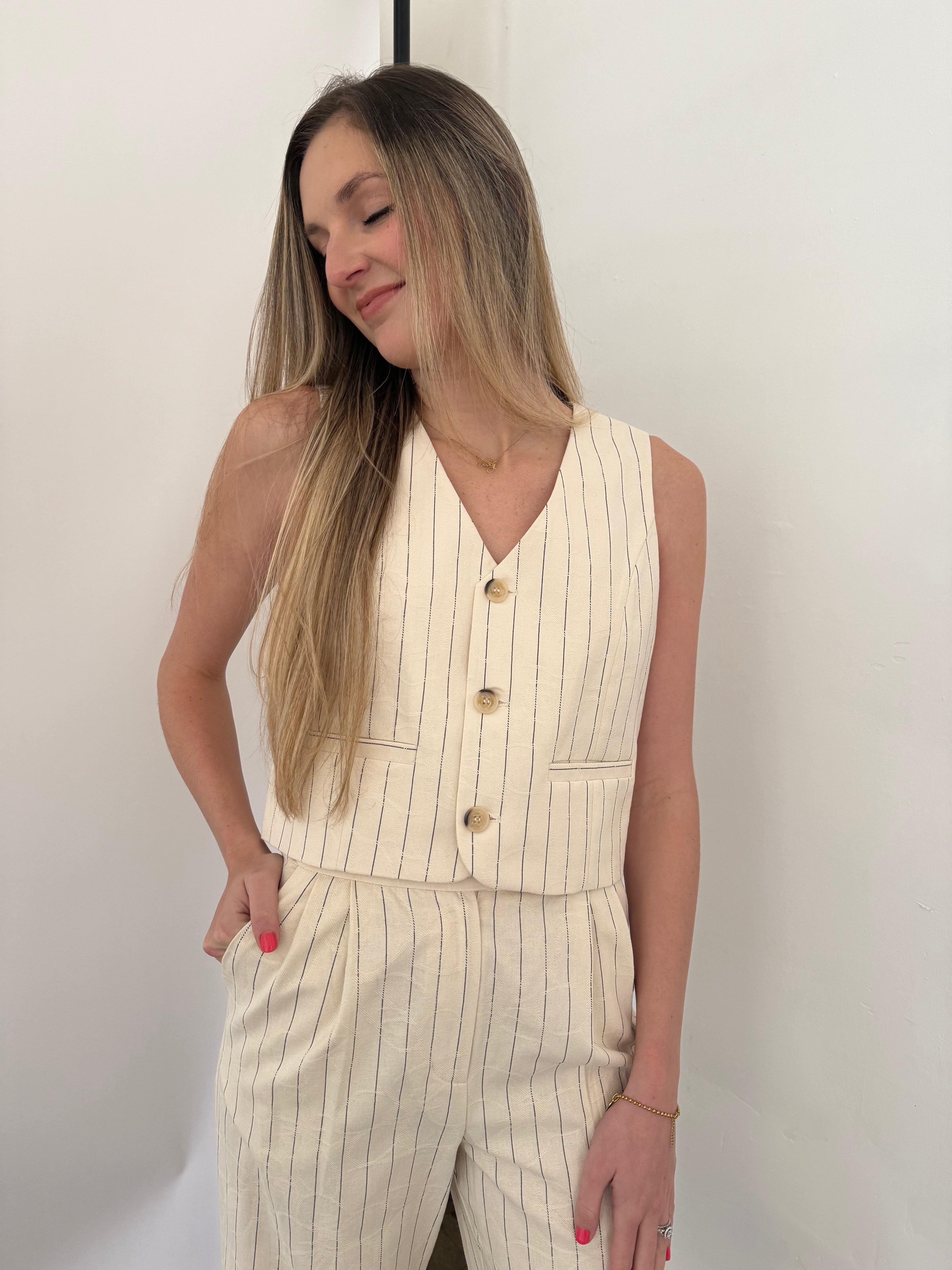 FRNCH Pia Cream Floral Embossed Buttoned Vest Top