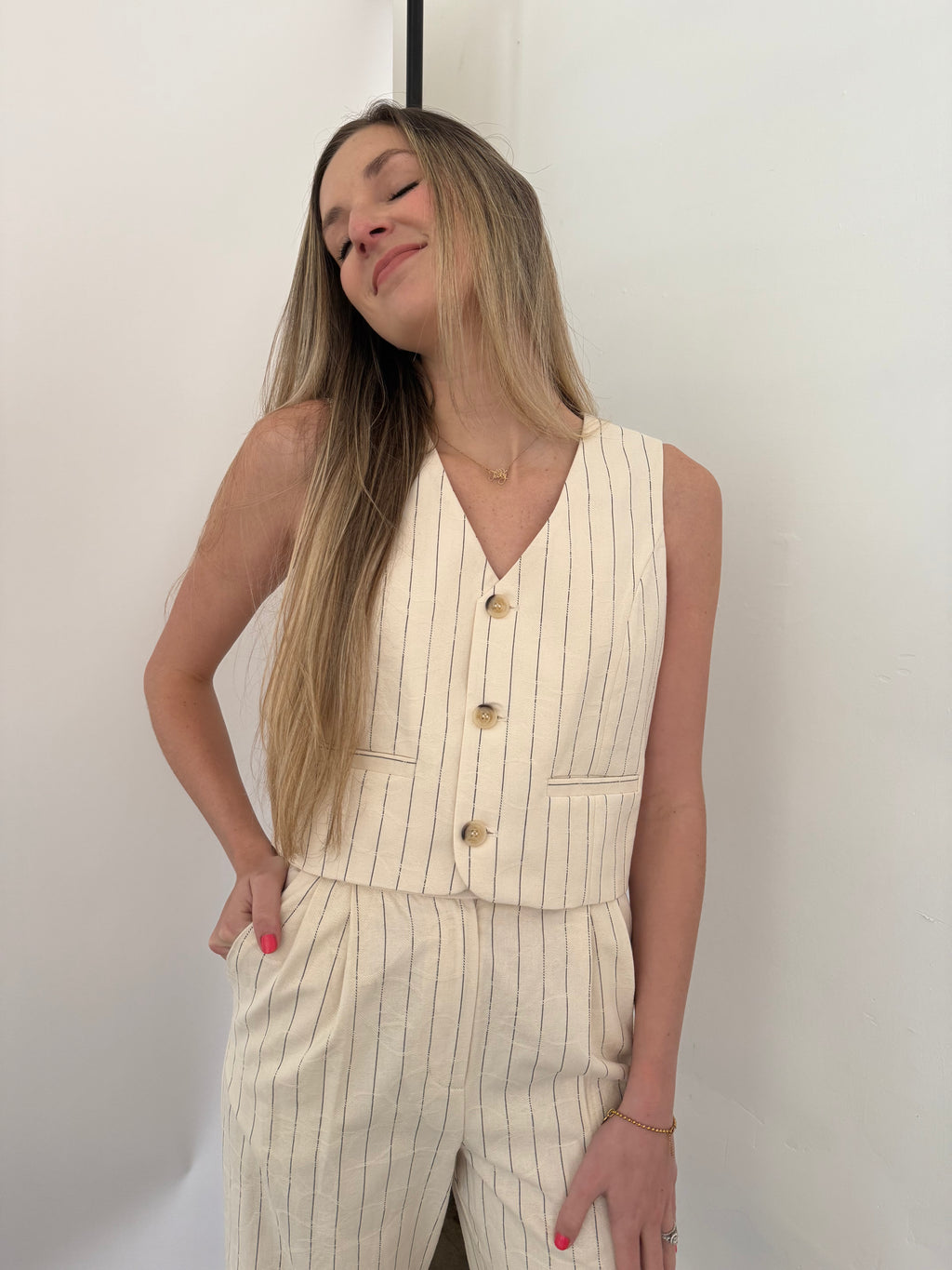 FRNCH Pia Cream Floral Embossed Buttoned Vest Top