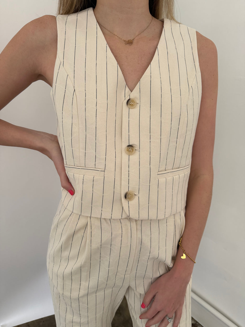 FRNCH Pia Cream Floral Embossed Buttoned Vest Top