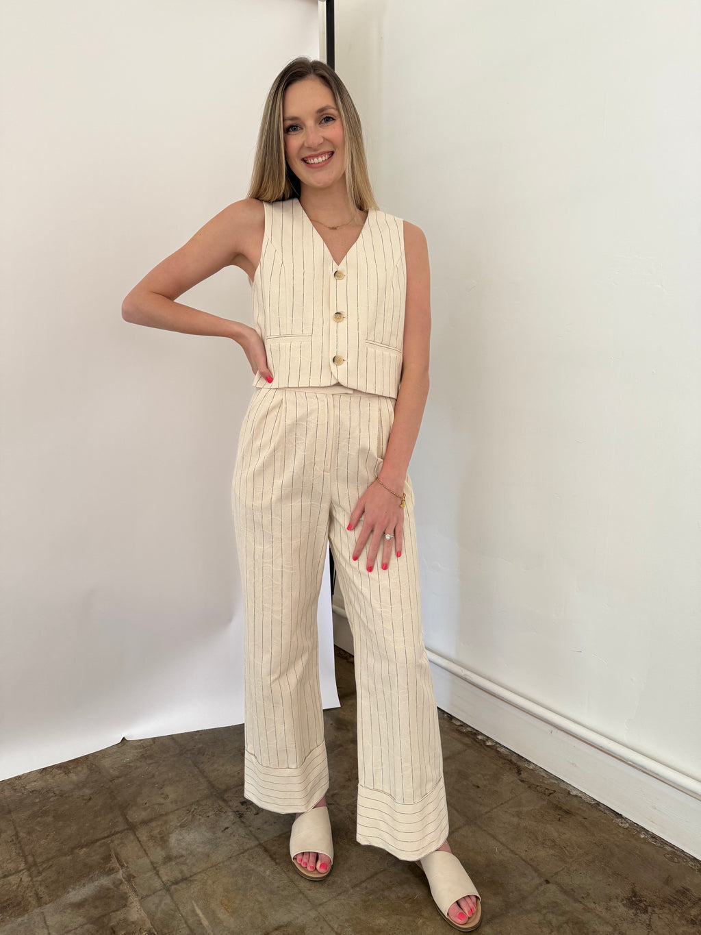 FRNCH Pia Cream Floral Embossed Pinstripe Pants