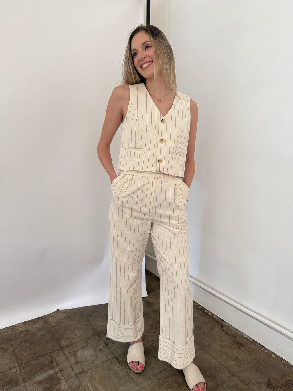 FRNCH Pia Cream Floral Embossed Pinstripe Pants