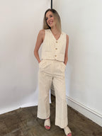 FRNCH Pia Cream Floral Embossed Pinstripe Pants