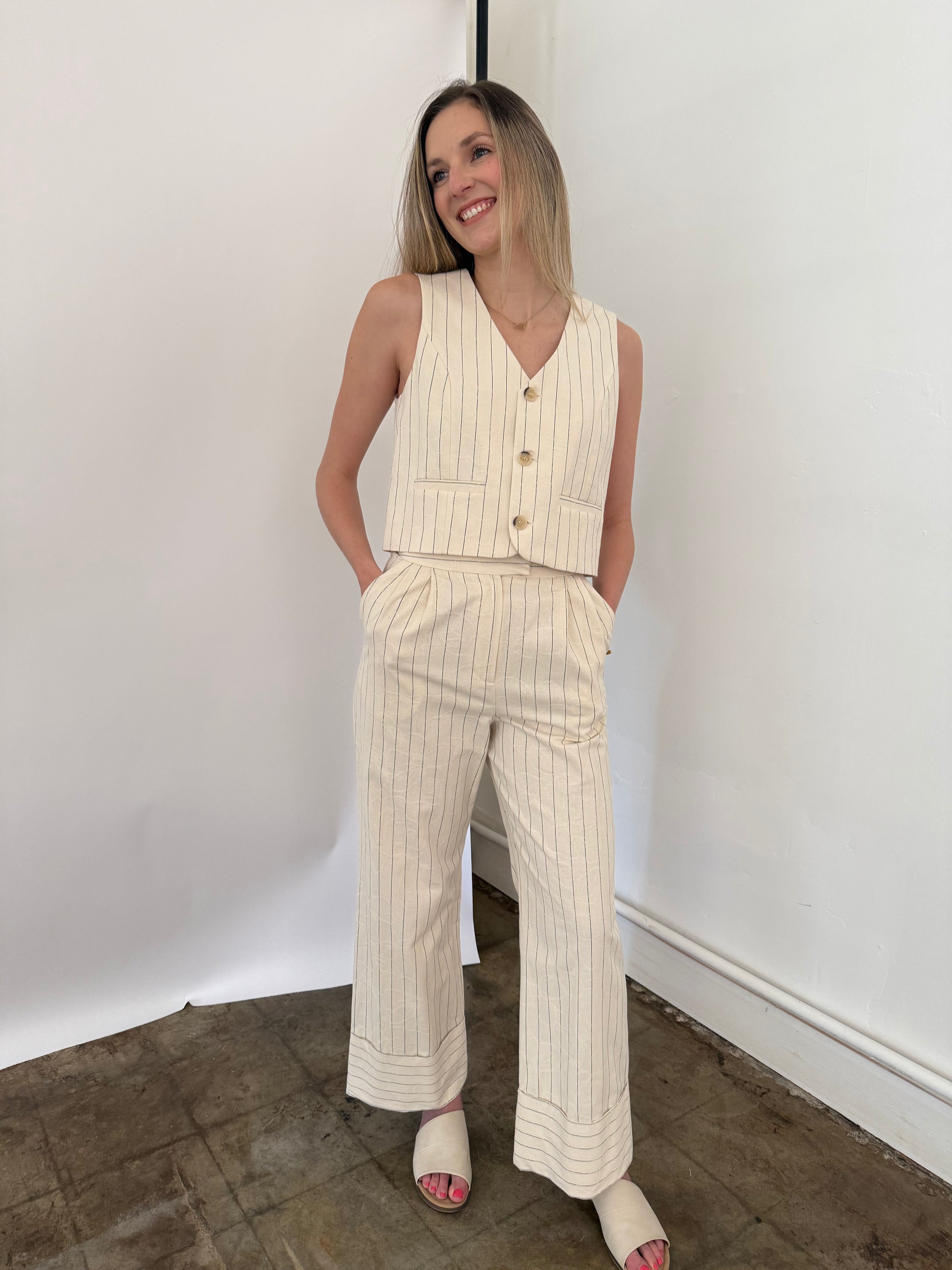 FRNCH Pia Cream Floral Embossed Pinstripe Pants