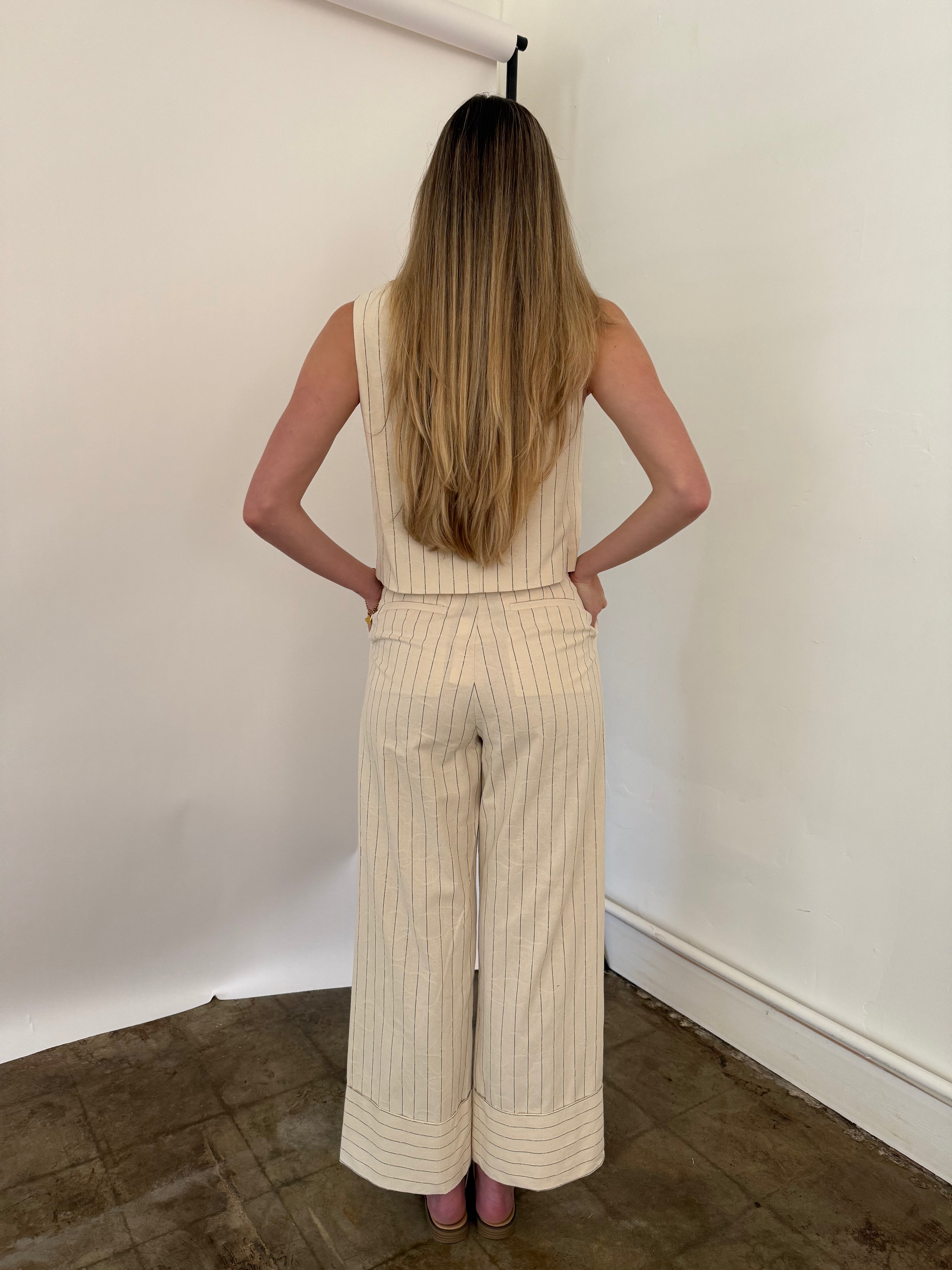 FRNCH Pia Cream Floral Embossed Pinstripe Pants