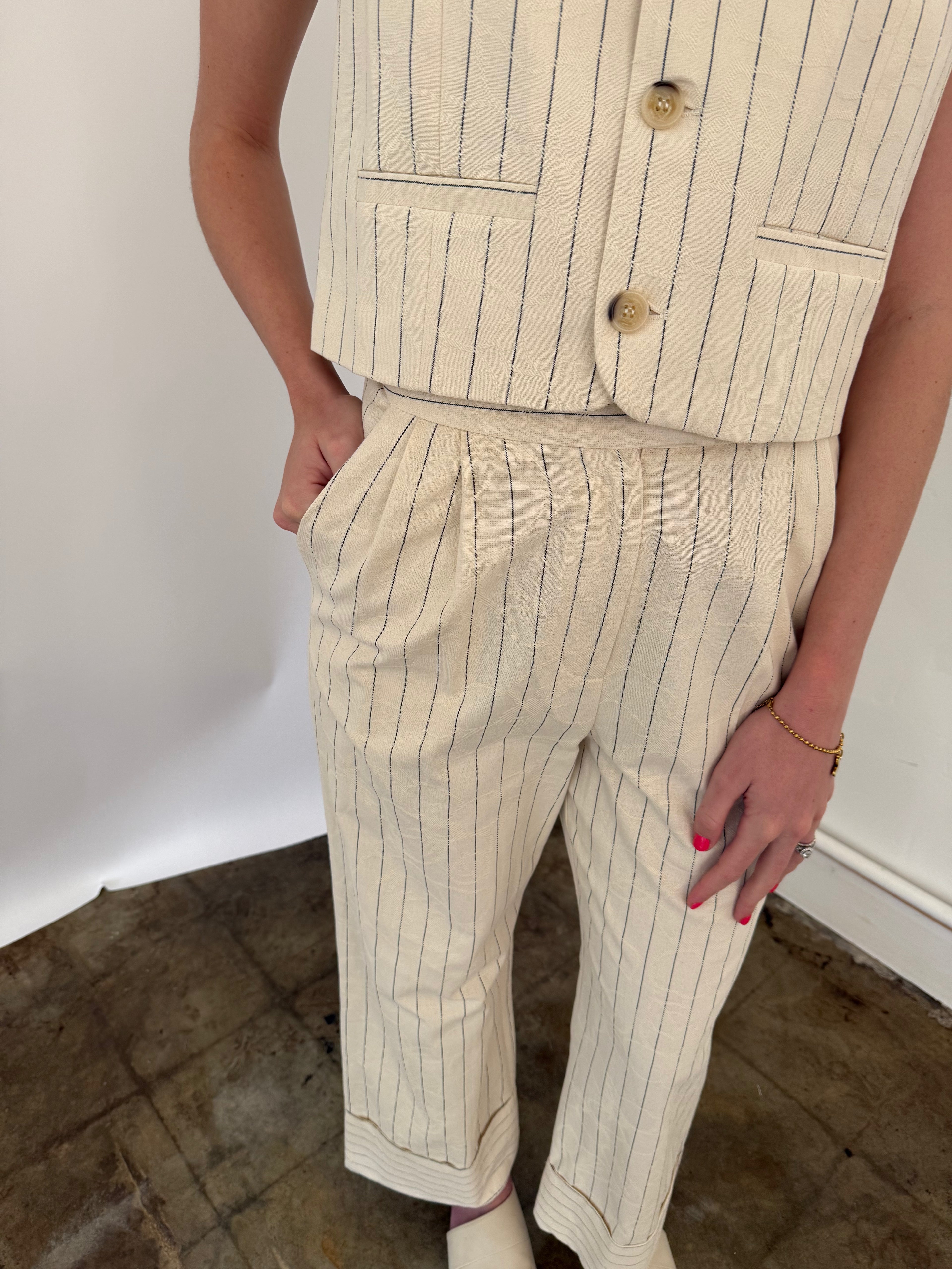 FRNCH Pia Cream Floral Embossed Pinstripe Pants