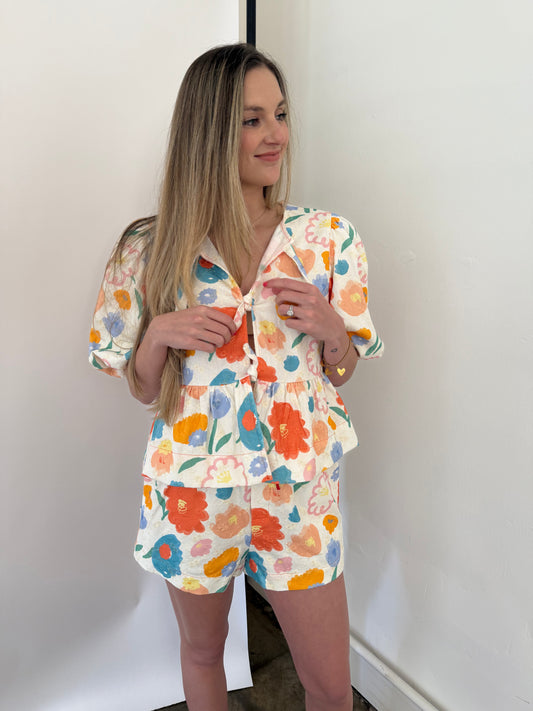Aureum Aria Floral Print Puff Sleeve Tie Top