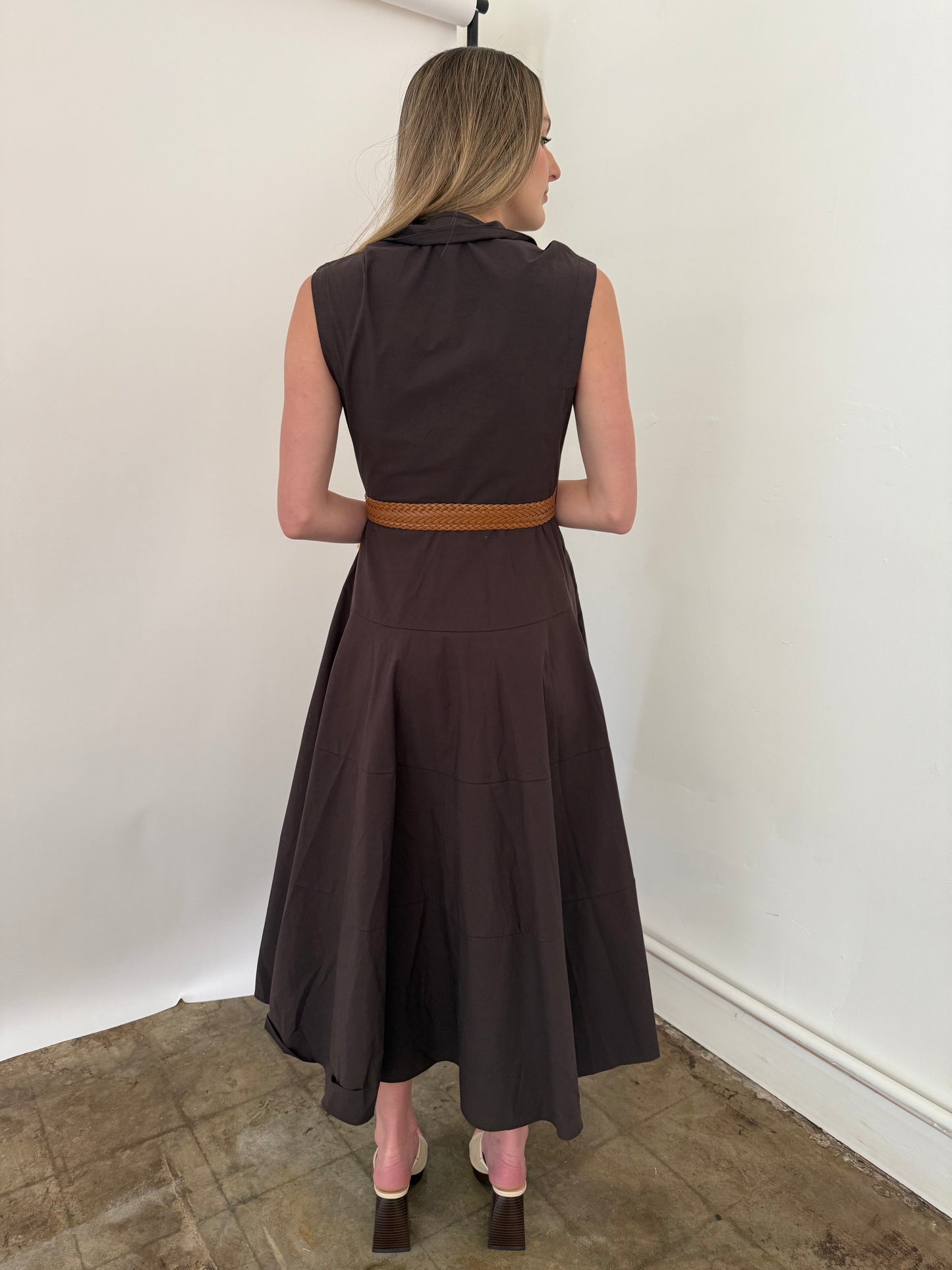 PINCH Addison Brown Cotton Cinched Button Midi Dress