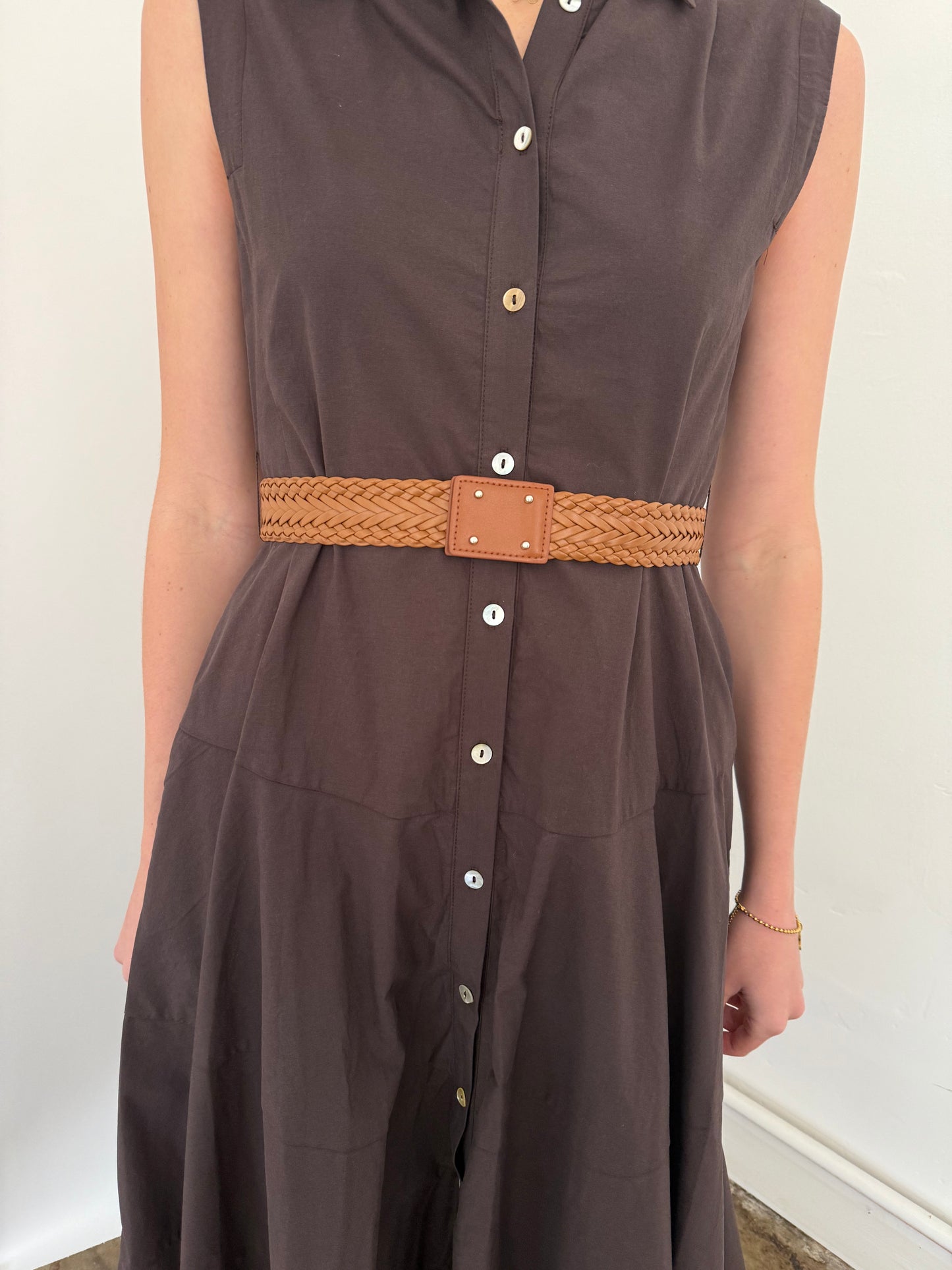 PINCH Addison Brown Cotton Cinched Button Midi Dress