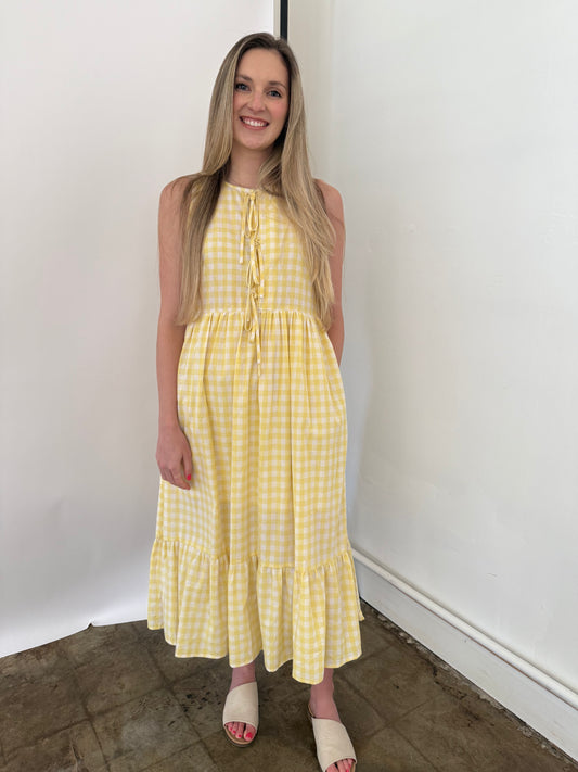 Things Between Maeve Cotton Gingham Tie Top Midi Dress (Yellow)