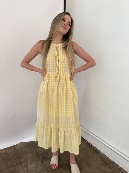 Things Between Maeve Cotton Gingham Tie Top Midi Dress (Yellow)