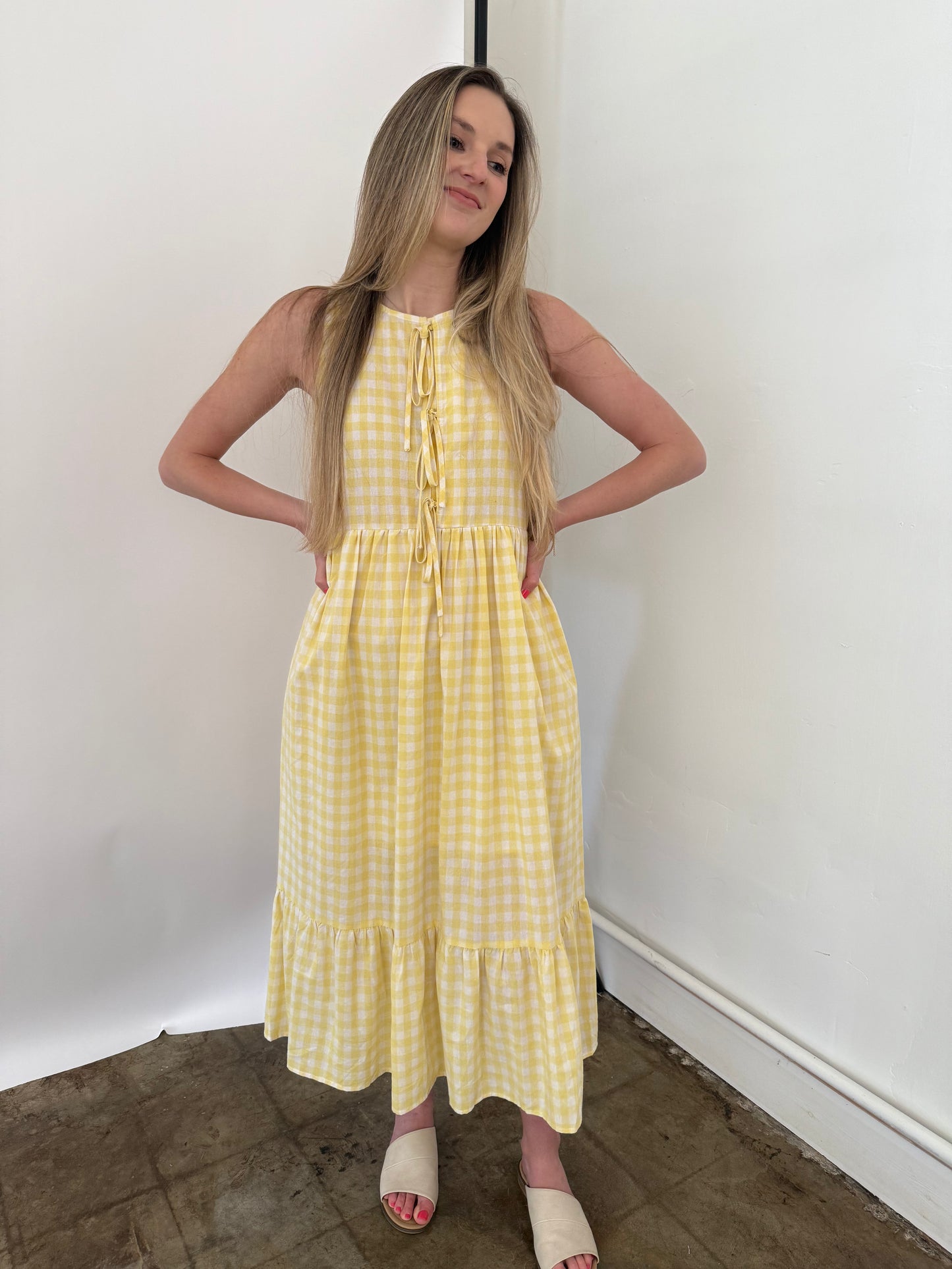 Things Between Maeve Cotton Gingham Tie Top Midi Dress (Yellow)