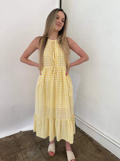 Things Between Maeve Cotton Gingham Tie Top Midi Dress (Yellow)