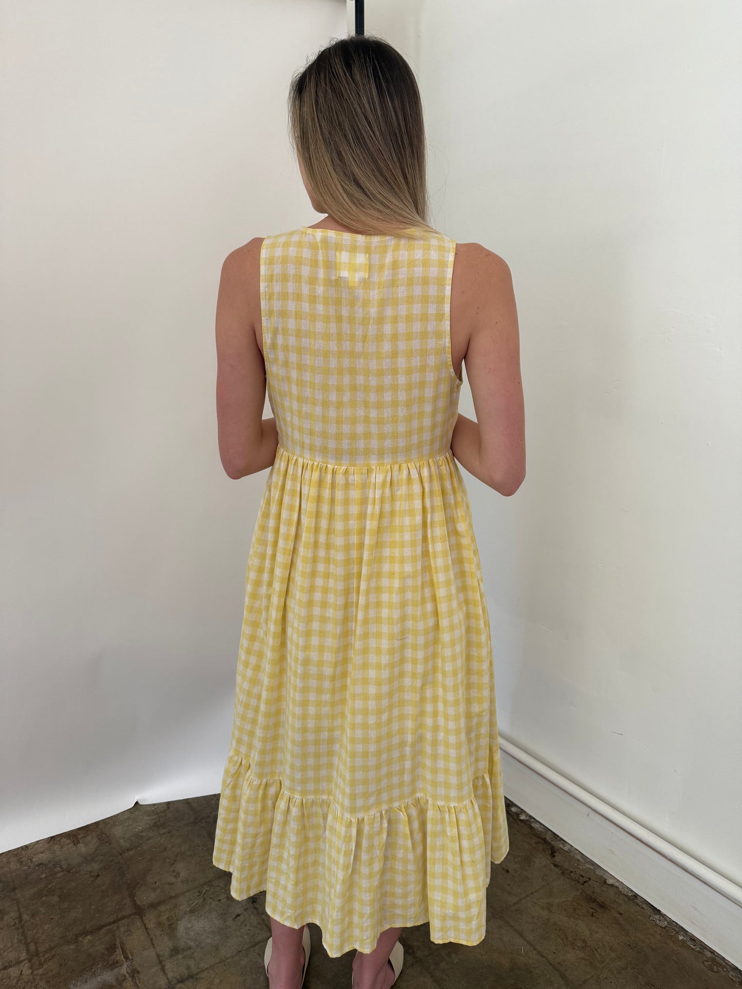 Things Between Maeve Cotton Gingham Tie Top Midi Dress (Yellow)