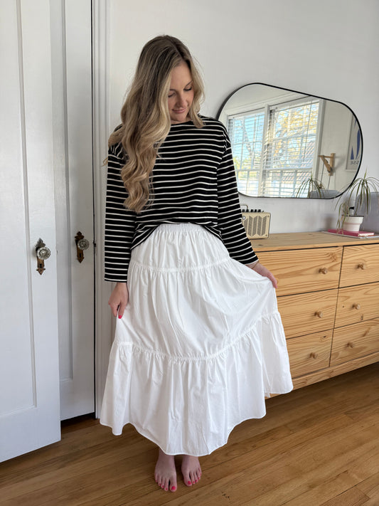 Needii Ashlyn White Cotton Tiered Midi Skirt