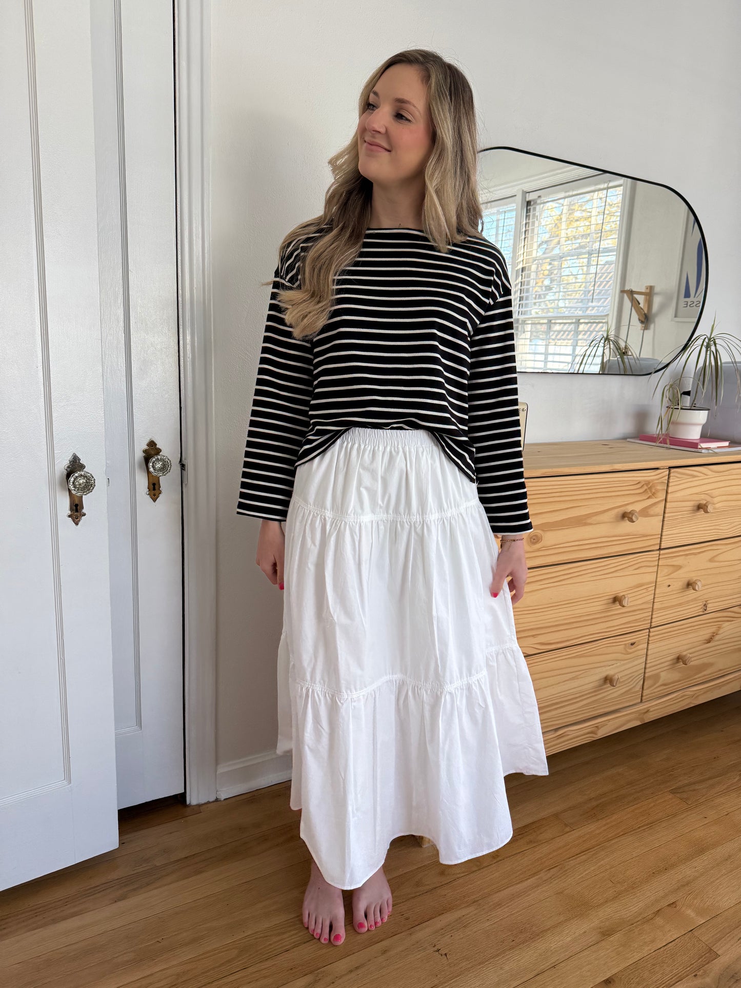 Needii Ashlyn White Cotton Tiered Midi Skirt