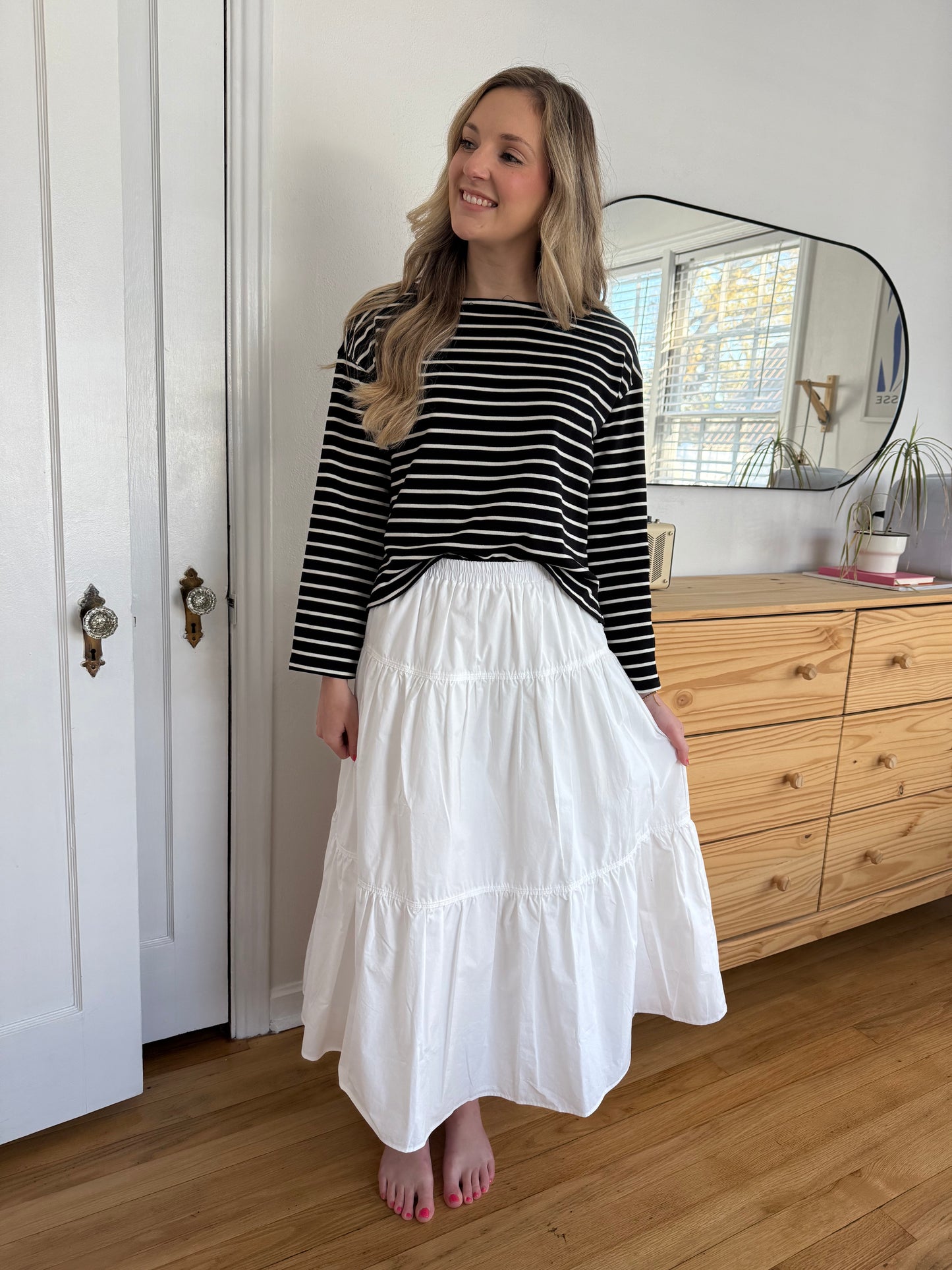 Needii Ashlyn White Cotton Tiered Midi Skirt