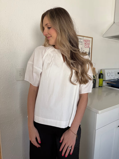 PINCH Amy V-Neck Cotton Puff Sleeve Top (White)