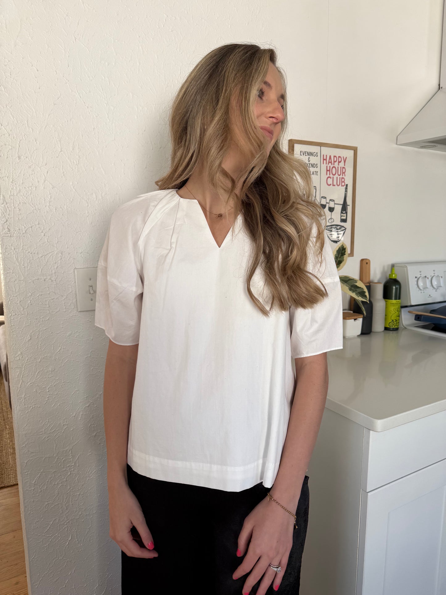PINCH Amy V-Neck Cotton Puff Sleeve Top (White)
