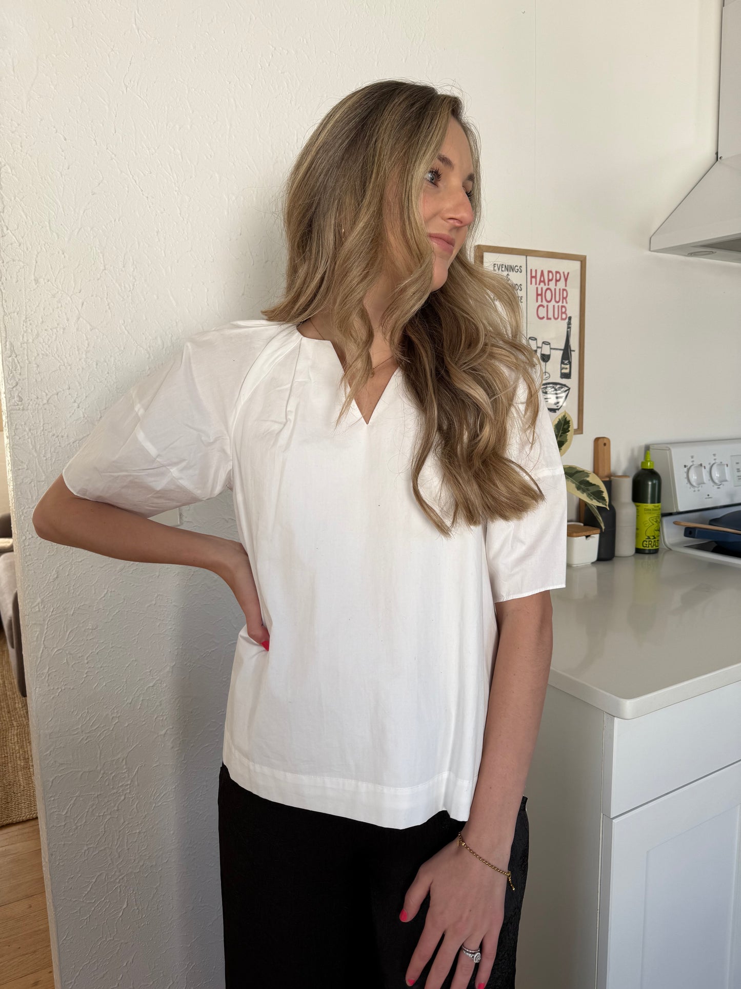 PINCH Amy V-Neck Cotton Puff Sleeve Top (White)